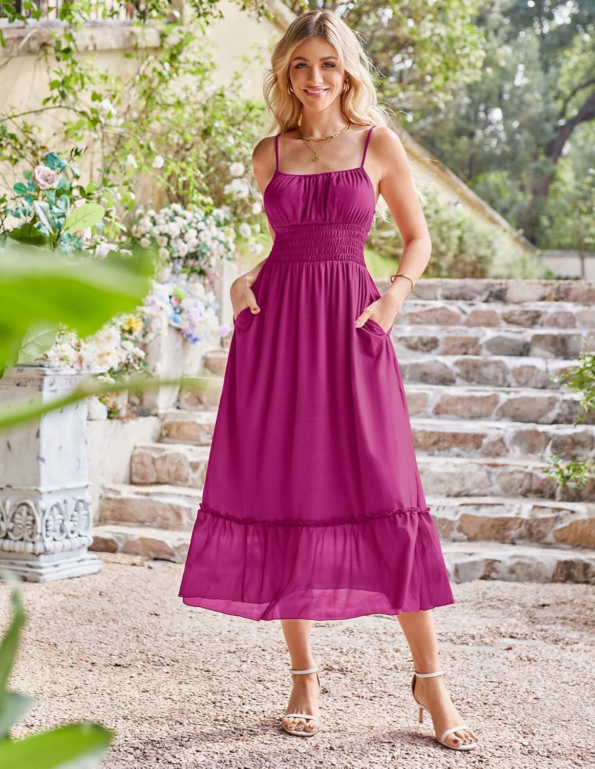imageGRACE KARIN 2026 Summer Maxi Dresses for Women Smocked Spaghetti Strap Long Dress Flowy Boho Beach Sundresses with PocketsPurple Red