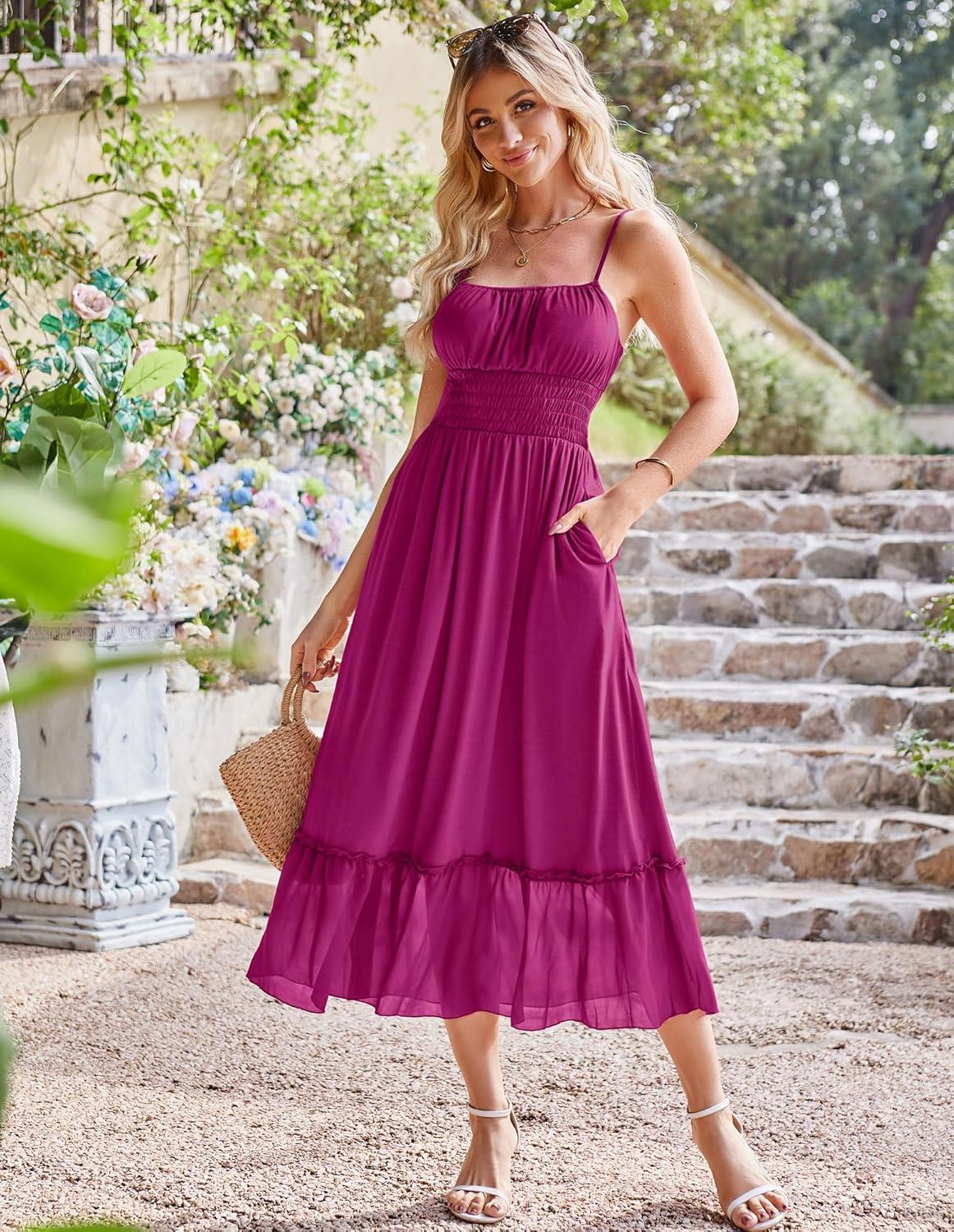 imageGRACE KARIN 2026 Summer Maxi Dresses for Women Smocked Spaghetti Strap Long Dress Flowy Boho Beach Sundresses with PocketsPurple Red