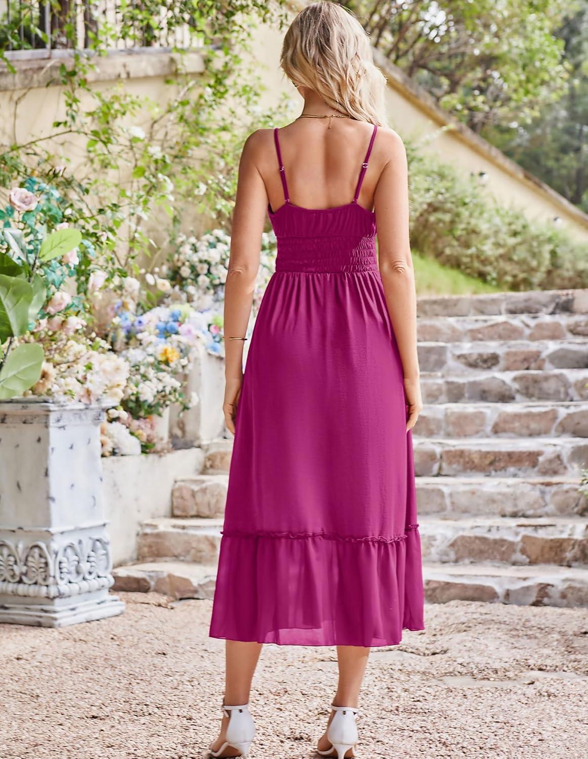 imageGRACE KARIN 2026 Summer Maxi Dresses for Women Smocked Spaghetti Strap Long Dress Flowy Boho Beach Sundresses with PocketsPurple Red