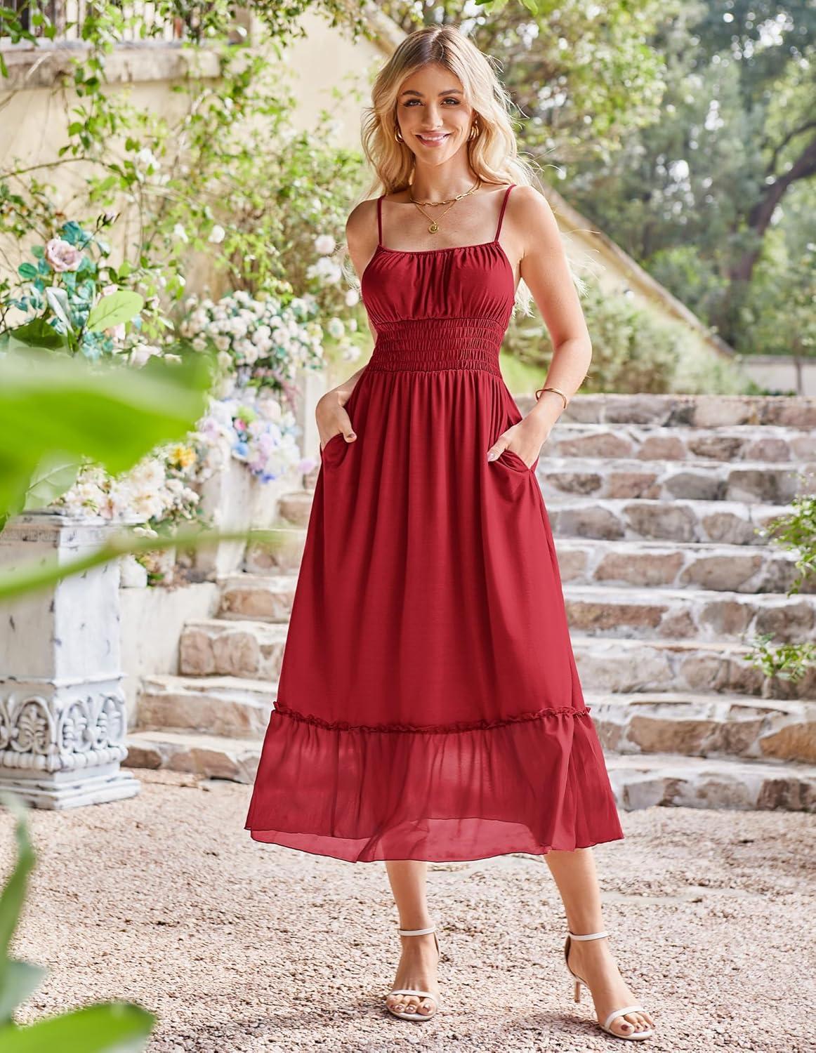 imageGRACE KARIN 2026 Summer Maxi Dresses for Women Smocked Spaghetti Strap Long Dress Flowy Boho Beach Sundresses with PocketsRed
