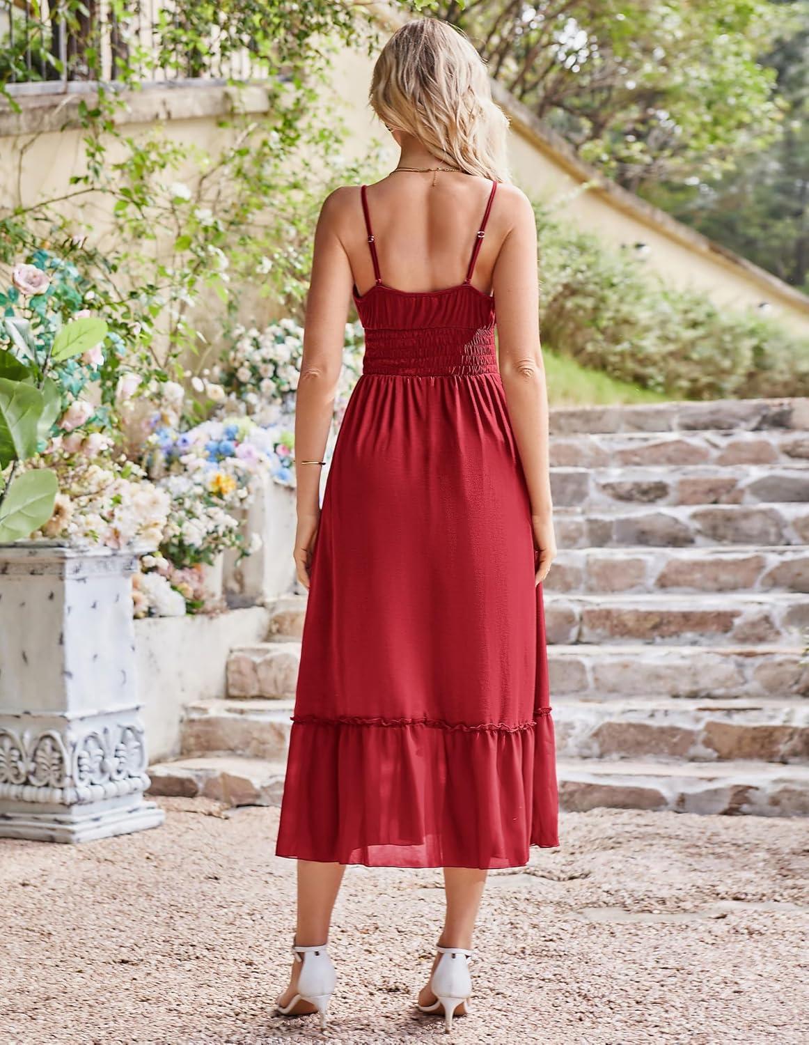 imageGRACE KARIN 2026 Summer Maxi Dresses for Women Smocked Spaghetti Strap Long Dress Flowy Boho Beach Sundresses with PocketsRed