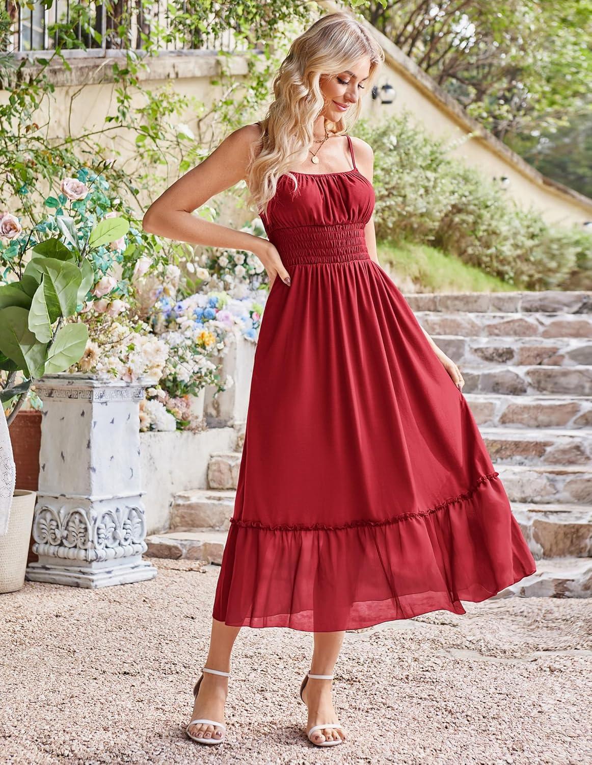 imageGRACE KARIN 2026 Summer Maxi Dresses for Women Smocked Spaghetti Strap Long Dress Flowy Boho Beach Sundresses with PocketsRed