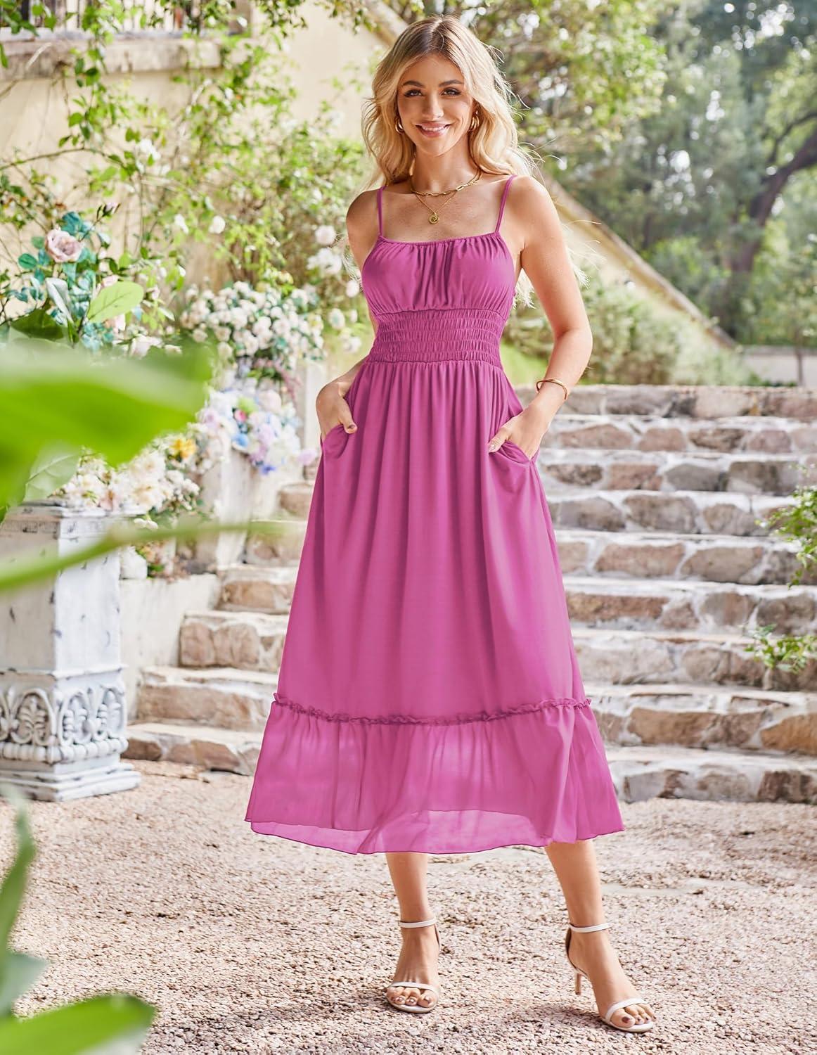 imageGRACE KARIN 2026 Summer Maxi Dresses for Women Smocked Spaghetti Strap Long Dress Flowy Boho Beach Sundresses with PocketsRose Red