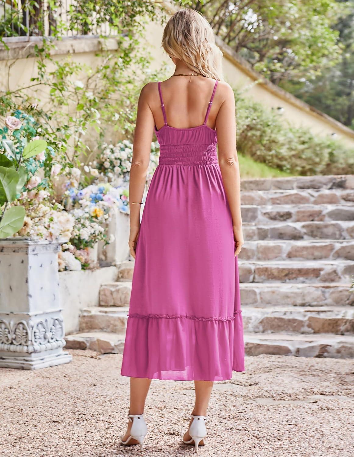 imageGRACE KARIN 2026 Summer Maxi Dresses for Women Smocked Spaghetti Strap Long Dress Flowy Boho Beach Sundresses with PocketsRose Red