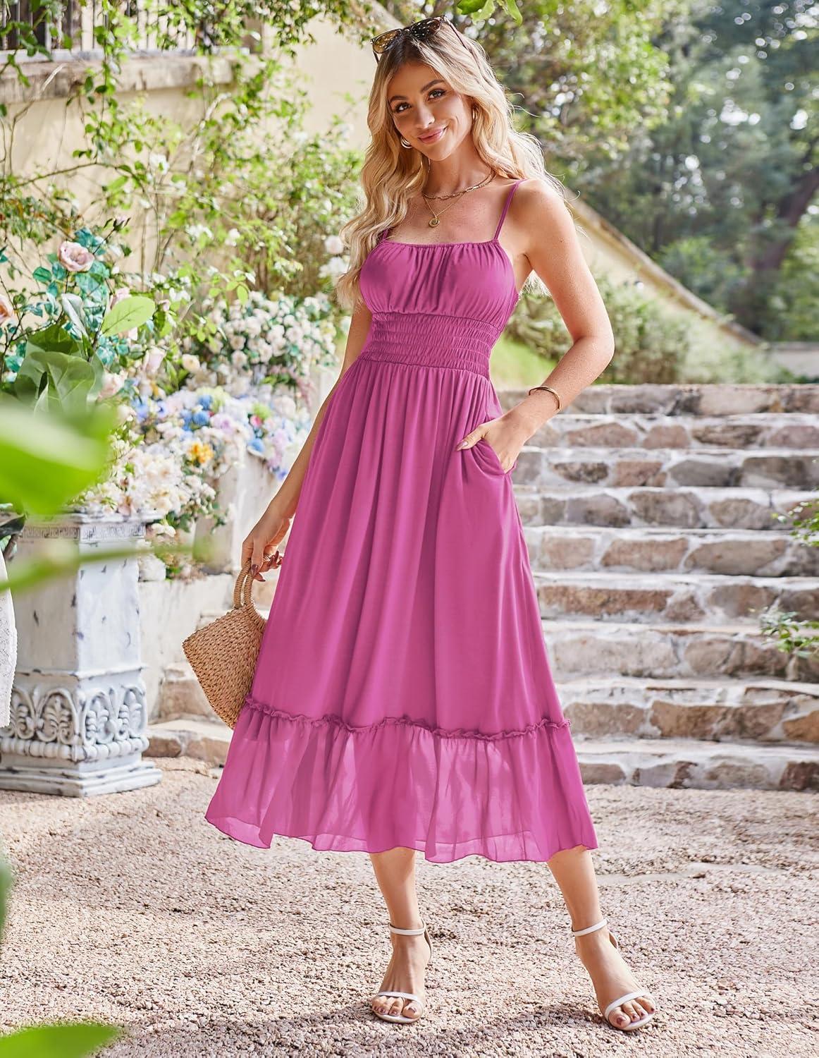 imageGRACE KARIN 2026 Summer Maxi Dresses for Women Smocked Spaghetti Strap Long Dress Flowy Boho Beach Sundresses with PocketsRose Red