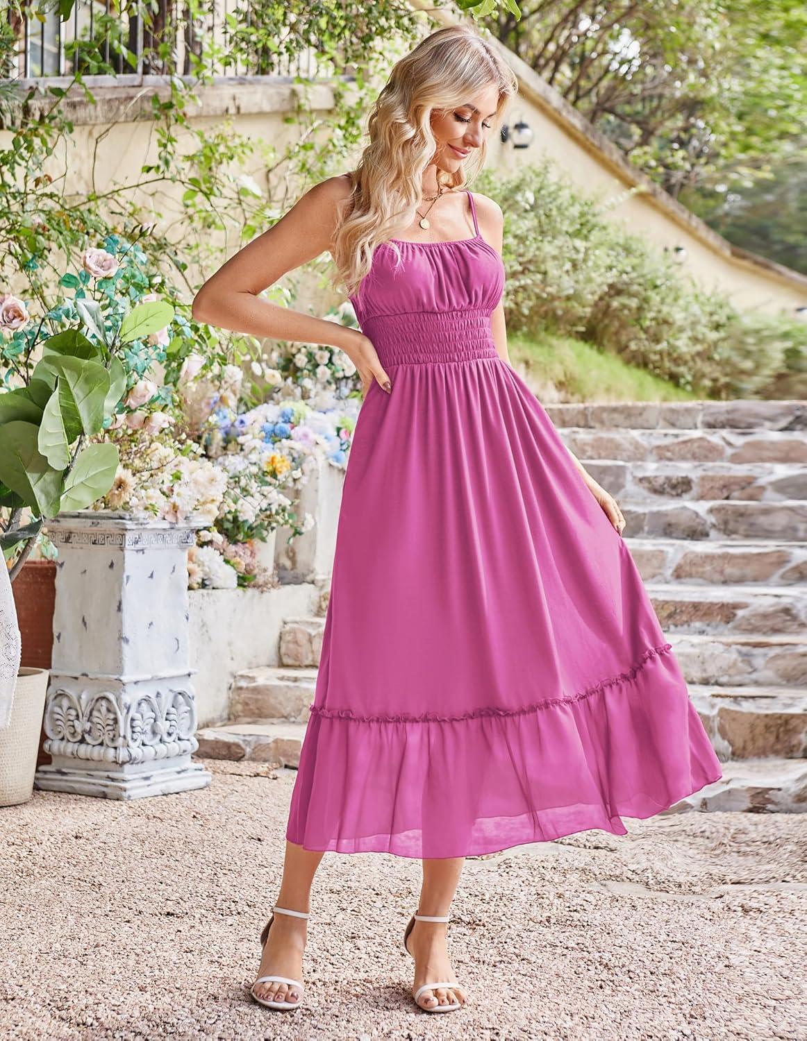 imageGRACE KARIN 2026 Summer Maxi Dresses for Women Smocked Spaghetti Strap Long Dress Flowy Boho Beach Sundresses with PocketsRose Red