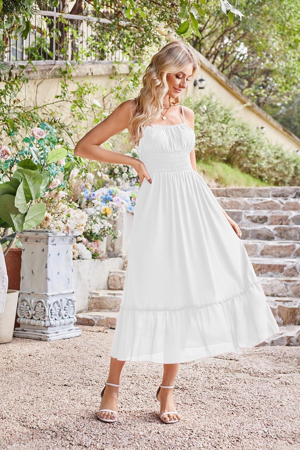 imageGRACE KARIN 2026 Summer Maxi Dresses for Women Smocked Spaghetti Strap Long Dress Flowy Boho Beach Sundresses with PocketsWhite