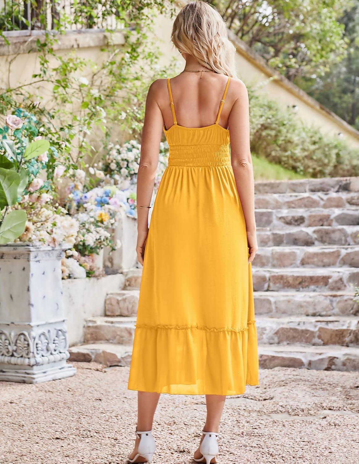 imageGRACE KARIN 2026 Summer Maxi Dresses for Women Smocked Spaghetti Strap Long Dress Flowy Boho Beach Sundresses with PocketsYellow