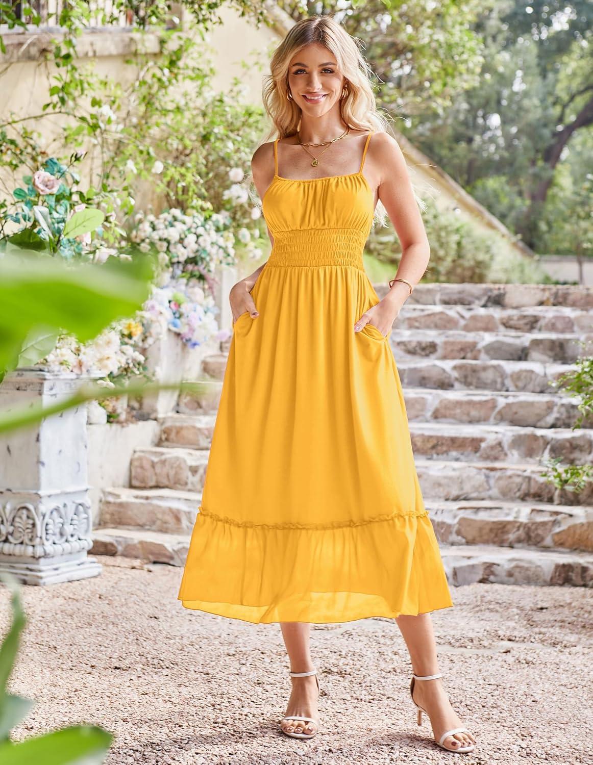 imageGRACE KARIN 2026 Summer Maxi Dresses for Women Smocked Spaghetti Strap Long Dress Flowy Boho Beach Sundresses with PocketsYellow