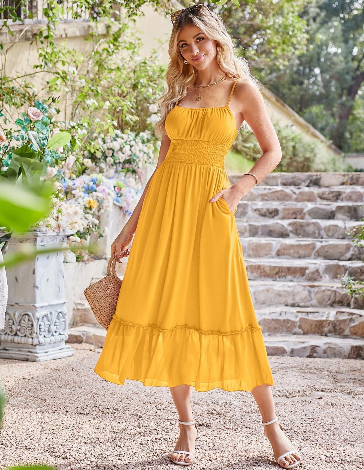 imageGRACE KARIN 2026 Summer Maxi Dresses for Women Smocked Spaghetti Strap Long Dress Flowy Boho Beach Sundresses with PocketsYellow