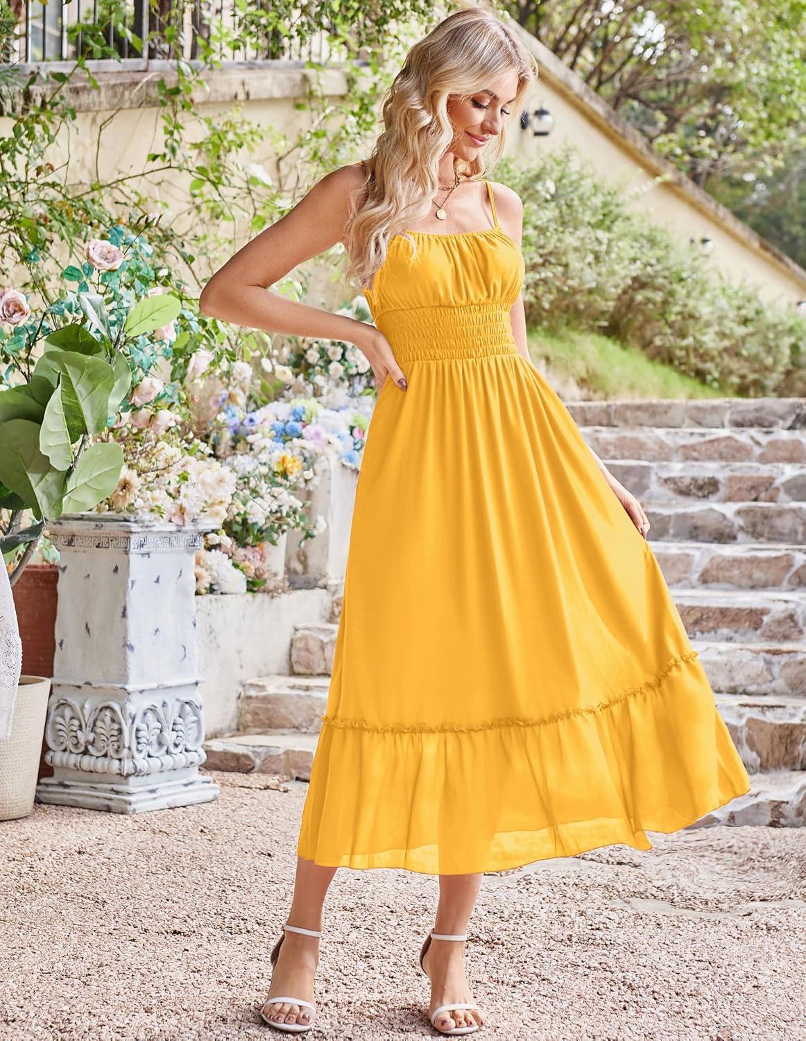 imageGRACE KARIN 2026 Summer Maxi Dresses for Women Smocked Spaghetti Strap Long Dress Flowy Boho Beach Sundresses with PocketsYellow