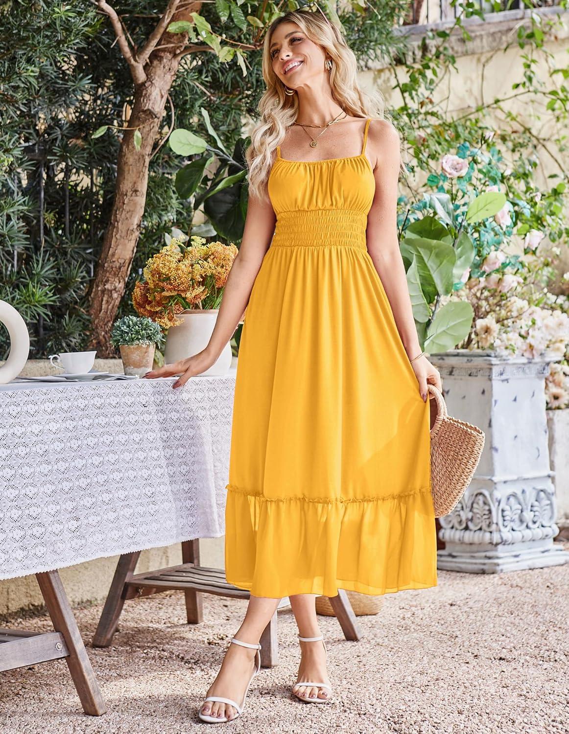 imageGRACE KARIN 2026 Summer Maxi Dresses for Women Smocked Spaghetti Strap Long Dress Flowy Boho Beach Sundresses with PocketsYellow