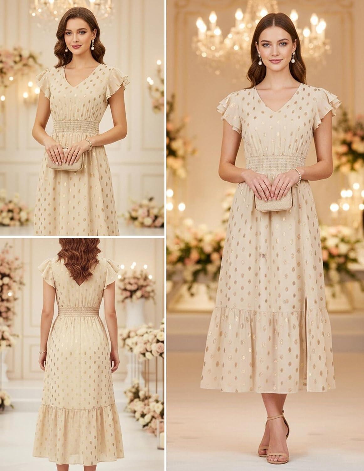 imageGRACE KARIN 2026 Womens Summer Dresses V Neck Ruffle Sleeve Floral Boho Beach Dress ALine Swing Midi Wedding Guest SundressBeigegold Dots