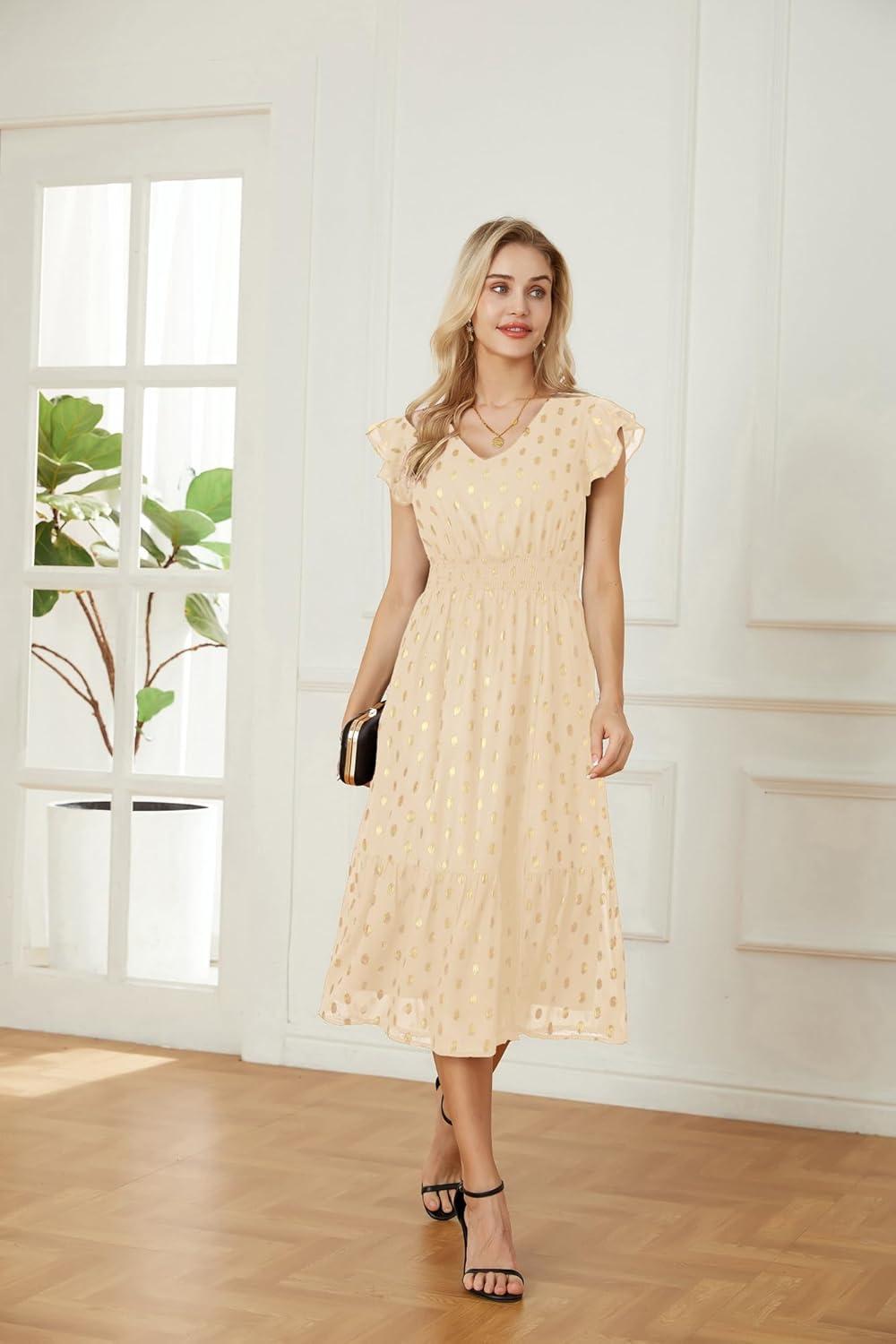 imageGRACE KARIN 2026 Womens Summer Dresses V Neck Ruffle Sleeve Floral Boho Beach Dress ALine Swing Midi Wedding Guest SundressBeigegold Dots