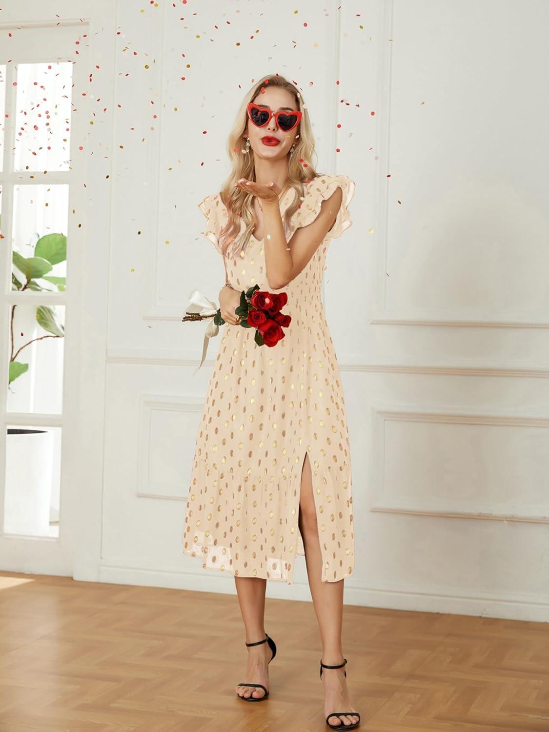 imageGRACE KARIN 2026 Womens Summer Dresses V Neck Ruffle Sleeve Floral Boho Beach Dress ALine Swing Midi Wedding Guest SundressBeigegold Dots