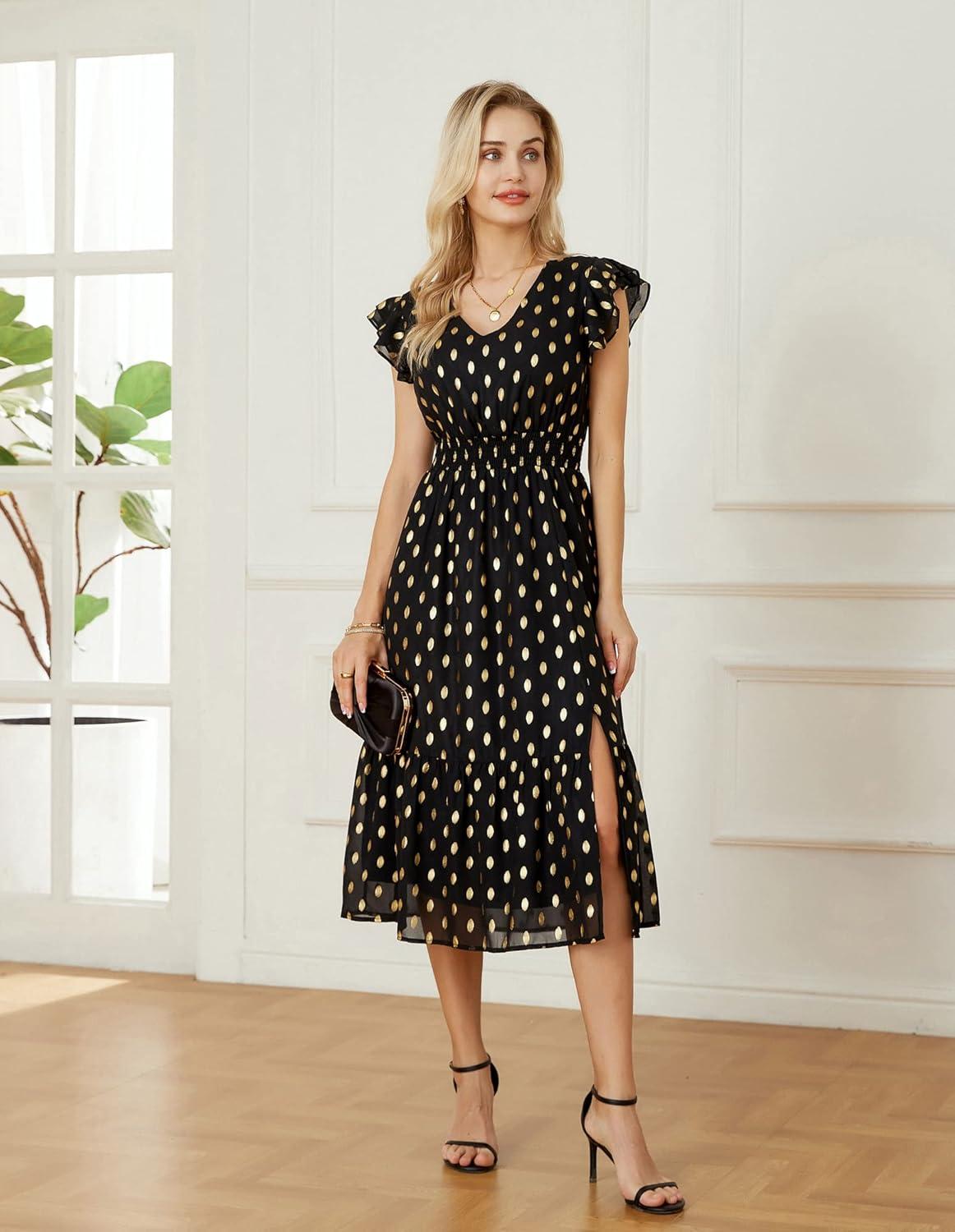 imageGRACE KARIN 2026 Womens Summer Dresses V Neck Ruffle Sleeve Floral Boho Beach Dress ALine Swing Midi Wedding Guest SundressBlackpolka Dot