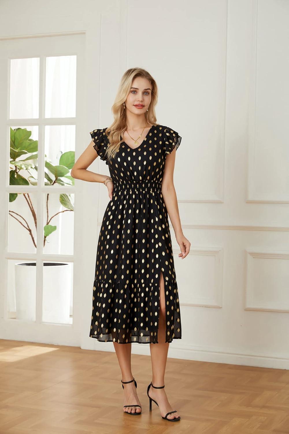 imageGRACE KARIN 2026 Womens Summer Dresses V Neck Ruffle Sleeve Floral Boho Beach Dress ALine Swing Midi Wedding Guest SundressBlackpolka Dot
