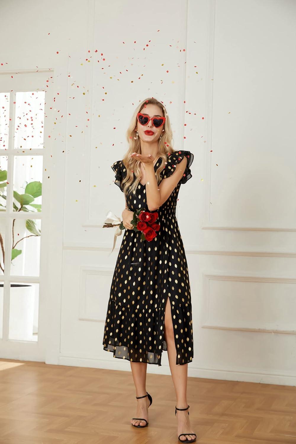 imageGRACE KARIN 2026 Womens Summer Dresses V Neck Ruffle Sleeve Floral Boho Beach Dress ALine Swing Midi Wedding Guest SundressBlackpolka Dot