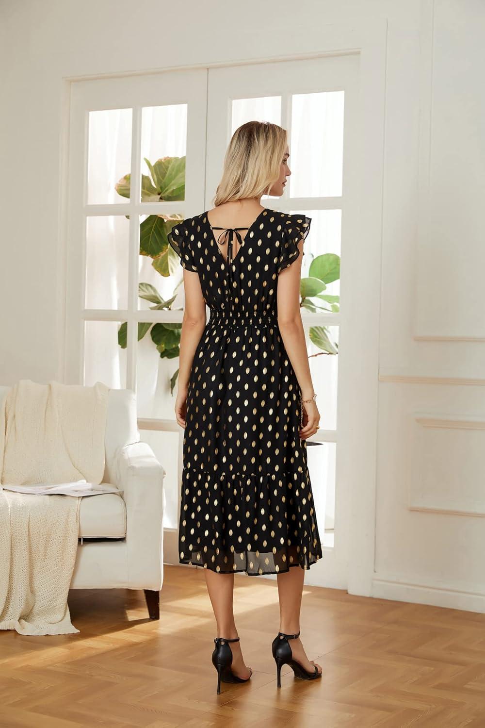 imageGRACE KARIN 2026 Womens Summer Dresses V Neck Ruffle Sleeve Floral Boho Beach Dress ALine Swing Midi Wedding Guest SundressBlackpolka Dot