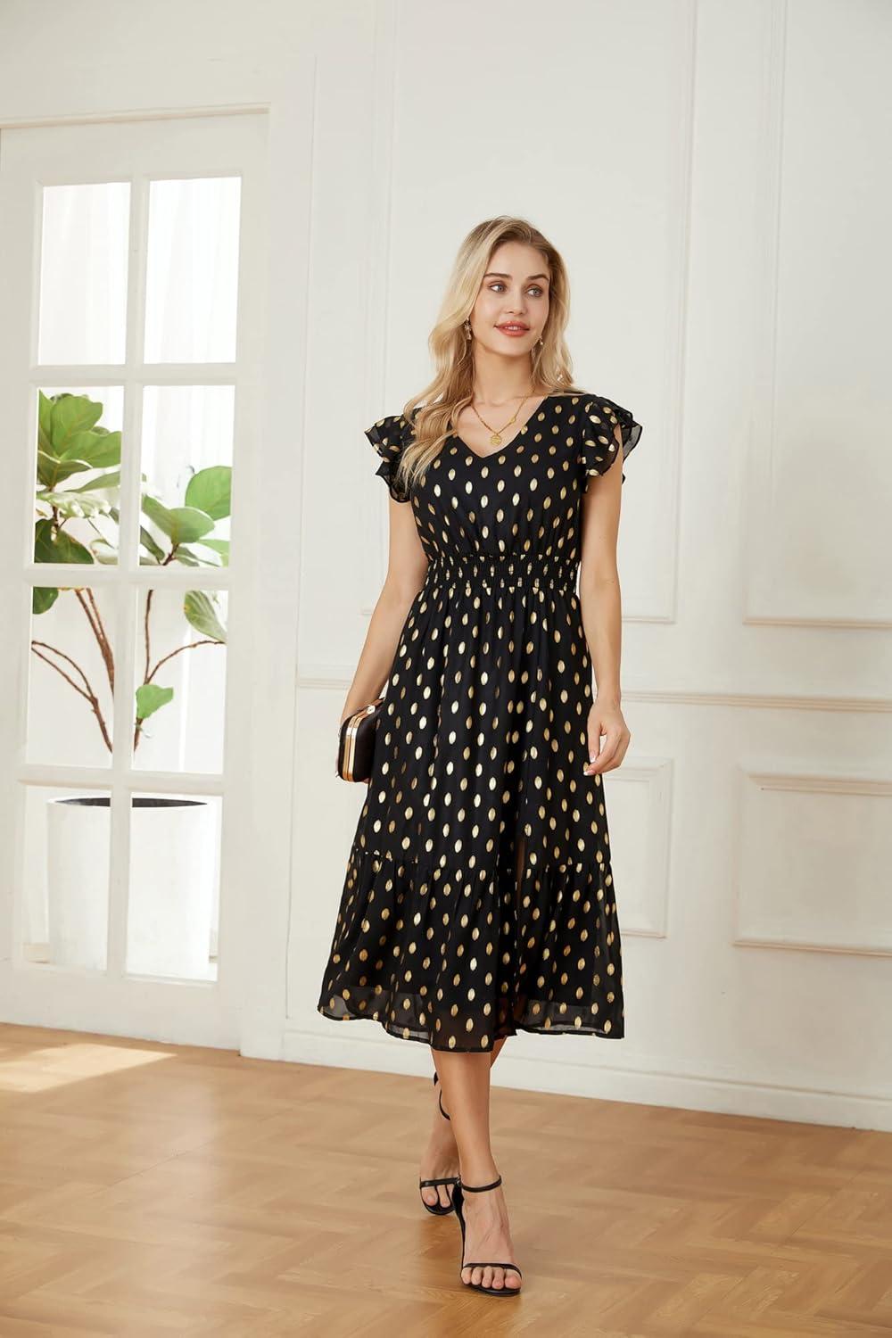 imageGRACE KARIN 2026 Womens Summer Dresses V Neck Ruffle Sleeve Floral Boho Beach Dress ALine Swing Midi Wedding Guest SundressBlackpolka Dot