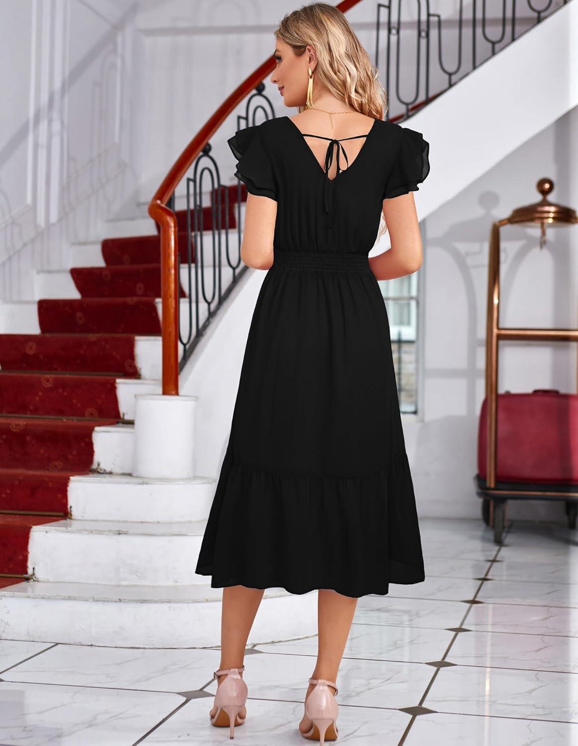 imageGRACE KARIN 2026 Womens Summer Dresses V Neck Ruffle Sleeve Floral Boho Beach Dress ALine Swing Midi Wedding Guest SundressBlacksolid