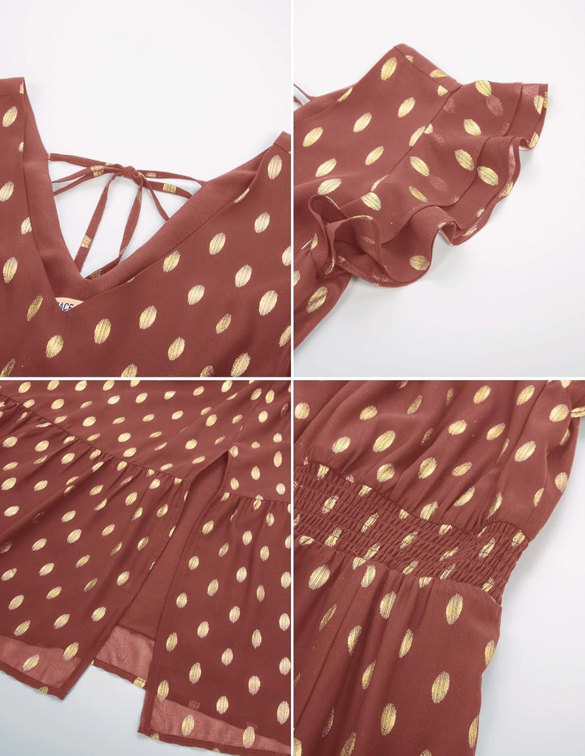 imageGRACE KARIN 2026 Womens Summer Dresses V Neck Ruffle Sleeve Floral Boho Beach Dress ALine Swing Midi Wedding Guest SundressLight Brick Redgold Dots