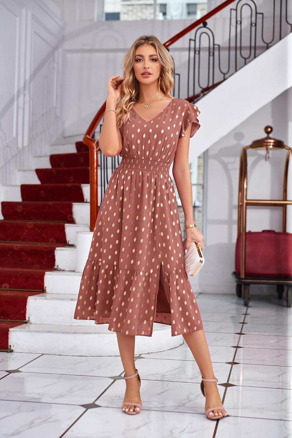 imageGRACE KARIN 2026 Womens Summer Dresses V Neck Ruffle Sleeve Floral Boho Beach Dress ALine Swing Midi Wedding Guest SundressLight Brick Redgold Dots