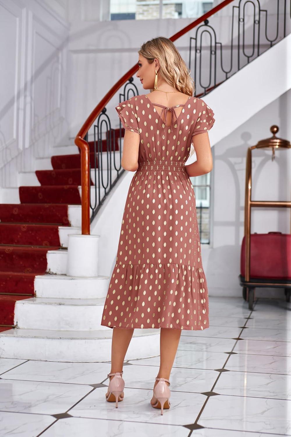 imageGRACE KARIN 2026 Womens Summer Dresses V Neck Ruffle Sleeve Floral Boho Beach Dress ALine Swing Midi Wedding Guest SundressLight Brick Redgold Dots