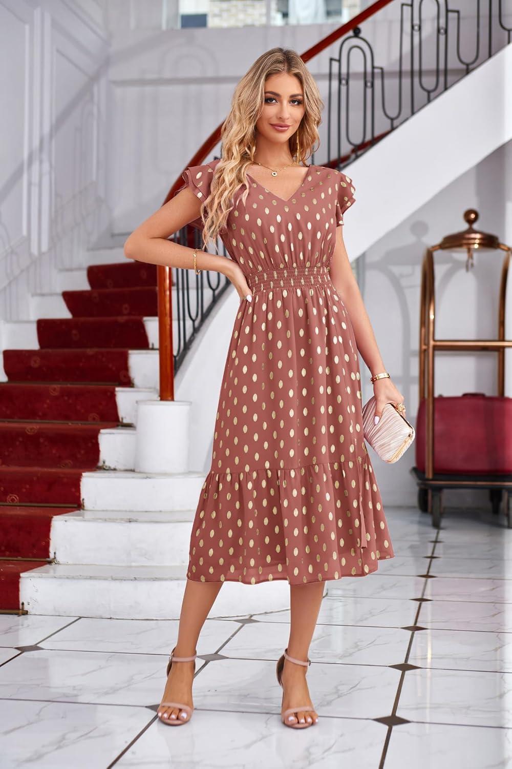 imageGRACE KARIN 2026 Womens Summer Dresses V Neck Ruffle Sleeve Floral Boho Beach Dress ALine Swing Midi Wedding Guest SundressLight Brick Redgold Dots