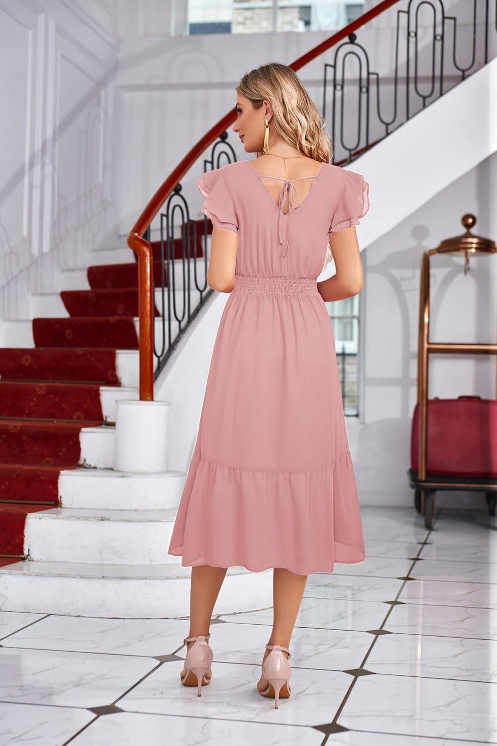 imageGRACE KARIN 2026 Womens Summer Dresses V Neck Ruffle Sleeve Floral Boho Beach Dress ALine Swing Midi Wedding Guest SundressLight Pinkplain