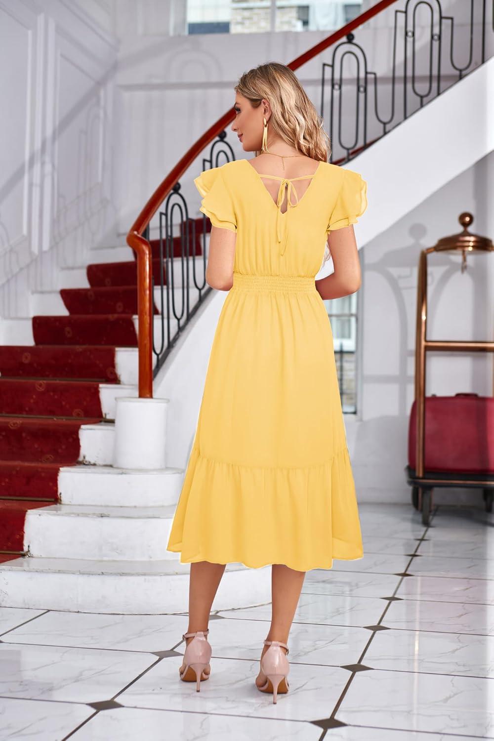 imageGRACE KARIN 2026 Womens Summer Dresses V Neck Ruffle Sleeve Floral Boho Beach Dress ALine Swing Midi Wedding Guest SundressLight Yellowplain