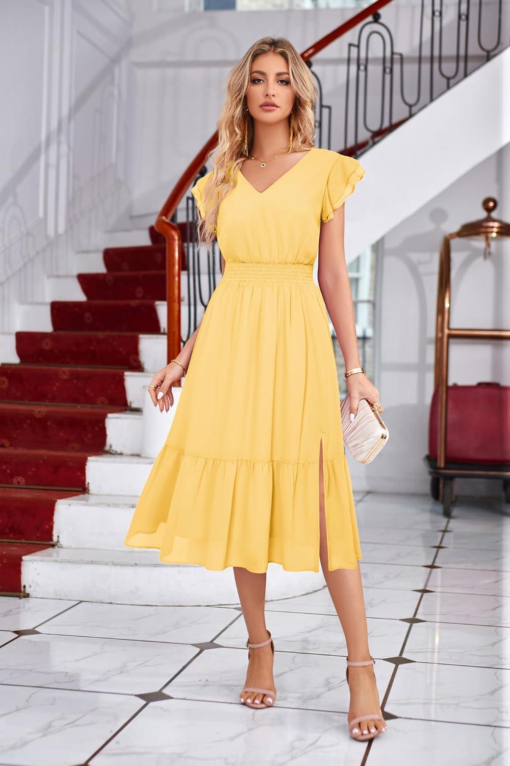 imageGRACE KARIN 2026 Womens Summer Dresses V Neck Ruffle Sleeve Floral Boho Beach Dress ALine Swing Midi Wedding Guest SundressLight Yellowplain