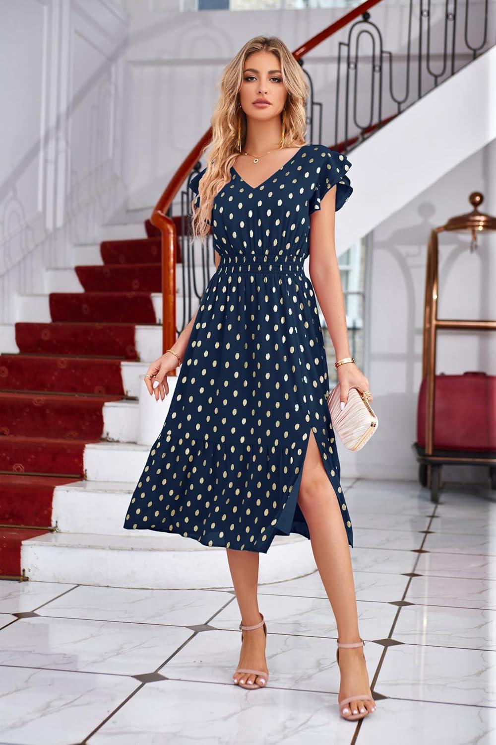 imageGRACE KARIN 2026 Womens Summer Dresses V Neck Ruffle Sleeve Floral Boho Beach Dress ALine Swing Midi Wedding Guest SundressNavy Bluegold Dots