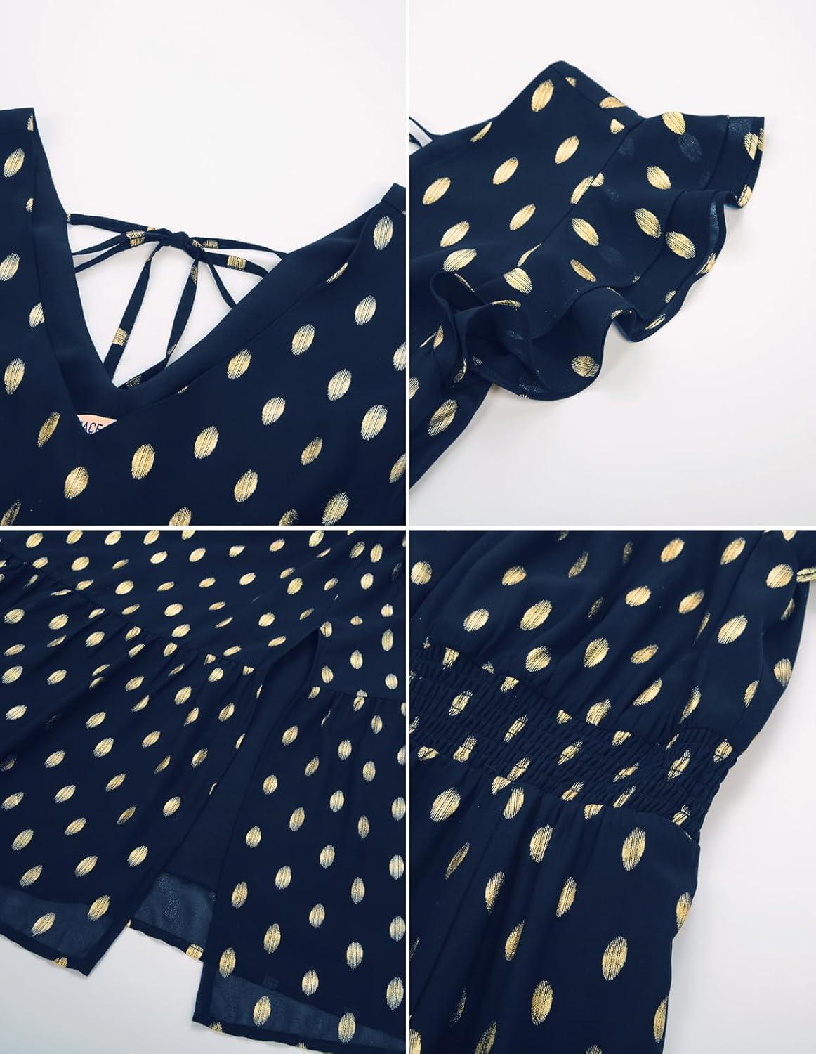 imageGRACE KARIN 2026 Womens Summer Dresses V Neck Ruffle Sleeve Floral Boho Beach Dress ALine Swing Midi Wedding Guest SundressNavy Bluegold Dots