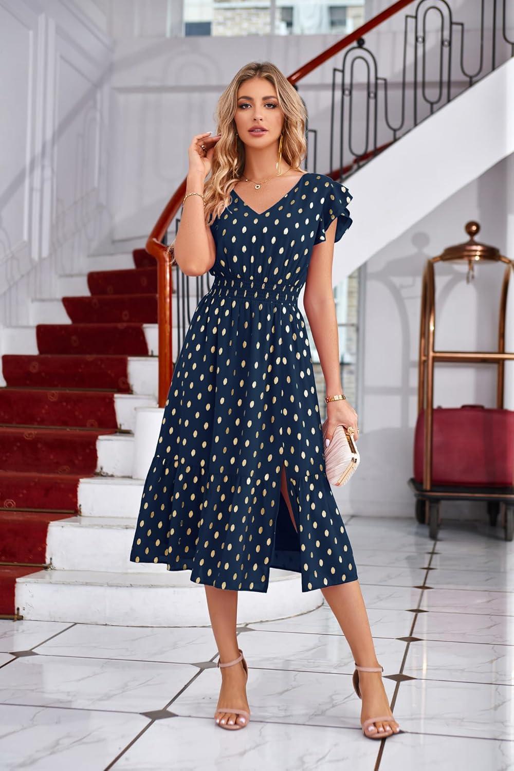 imageGRACE KARIN 2026 Womens Summer Dresses V Neck Ruffle Sleeve Floral Boho Beach Dress ALine Swing Midi Wedding Guest SundressNavy Bluegold Dots