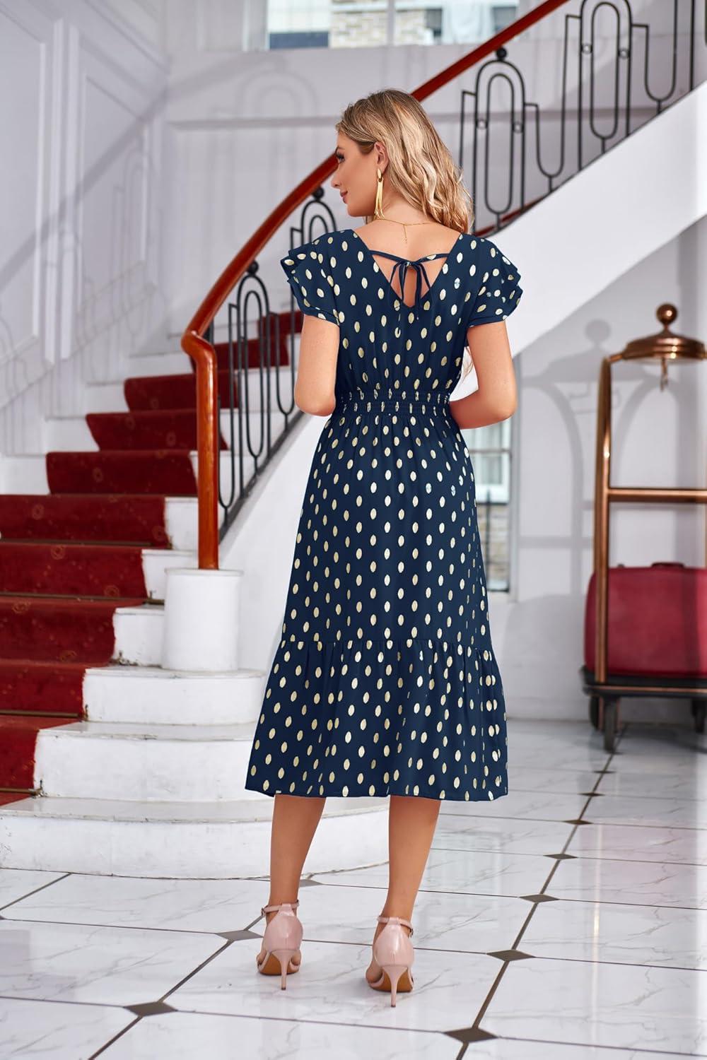 imageGRACE KARIN 2026 Womens Summer Dresses V Neck Ruffle Sleeve Floral Boho Beach Dress ALine Swing Midi Wedding Guest SundressNavy Bluegold Dots