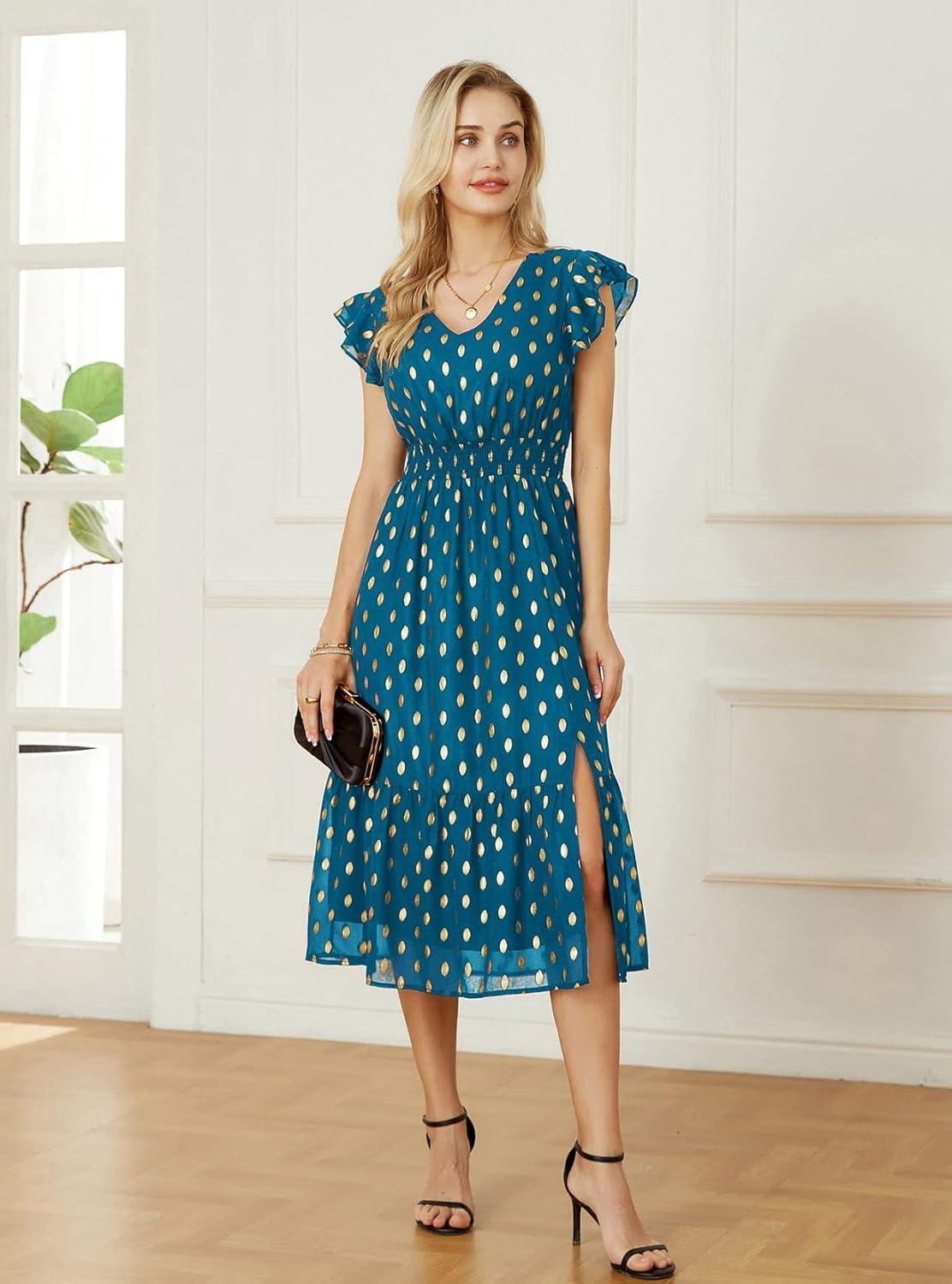 imageGRACE KARIN 2026 Womens Summer Dresses V Neck Ruffle Sleeve Floral Boho Beach Dress ALine Swing Midi Wedding Guest SundressPeacock Bluegold Dots