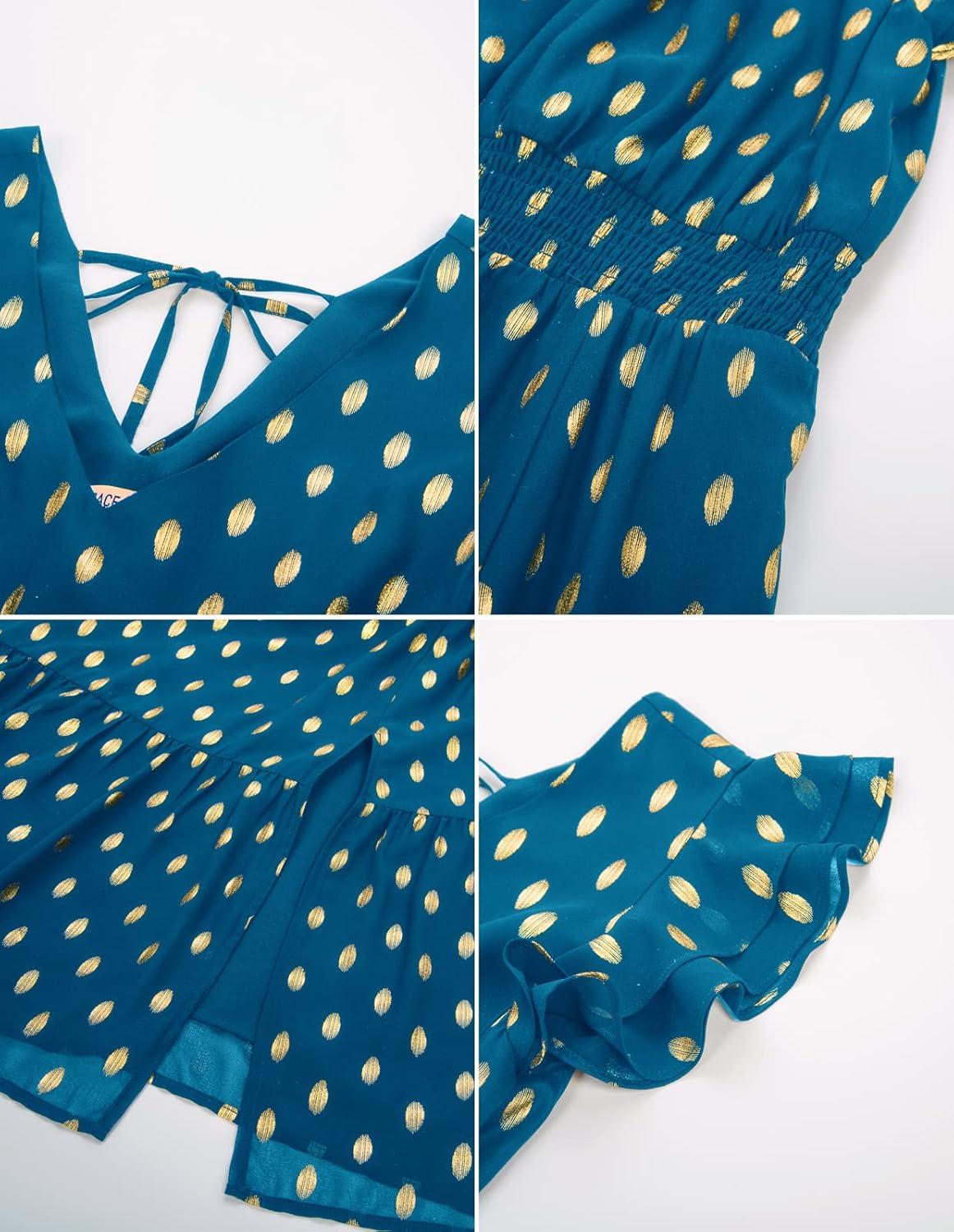 imageGRACE KARIN 2026 Womens Summer Dresses V Neck Ruffle Sleeve Floral Boho Beach Dress ALine Swing Midi Wedding Guest SundressPeacock Bluegold Dots