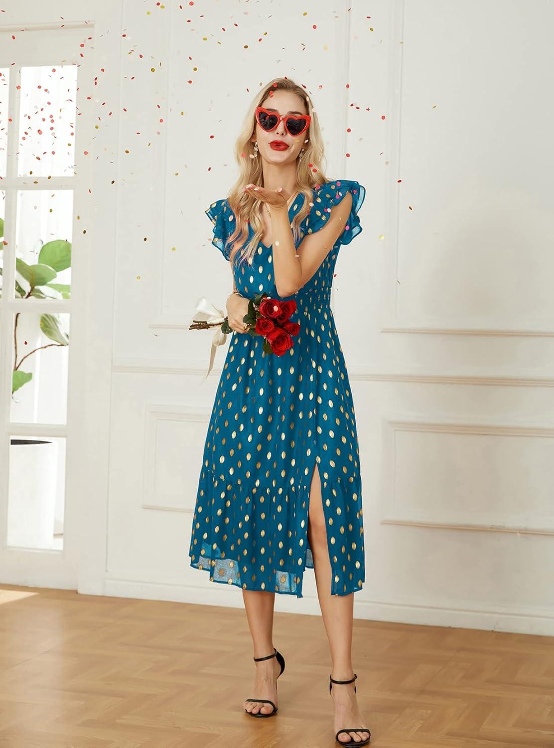 imageGRACE KARIN 2026 Womens Summer Dresses V Neck Ruffle Sleeve Floral Boho Beach Dress ALine Swing Midi Wedding Guest SundressPeacock Bluegold Dots