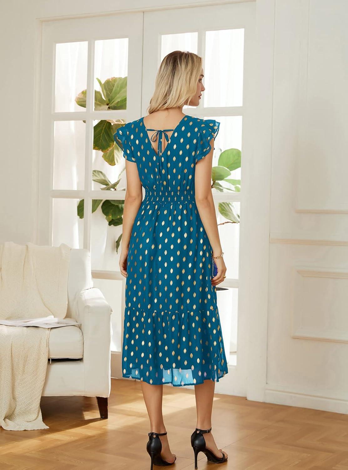 imageGRACE KARIN 2026 Womens Summer Dresses V Neck Ruffle Sleeve Floral Boho Beach Dress ALine Swing Midi Wedding Guest SundressPeacock Bluegold Dots