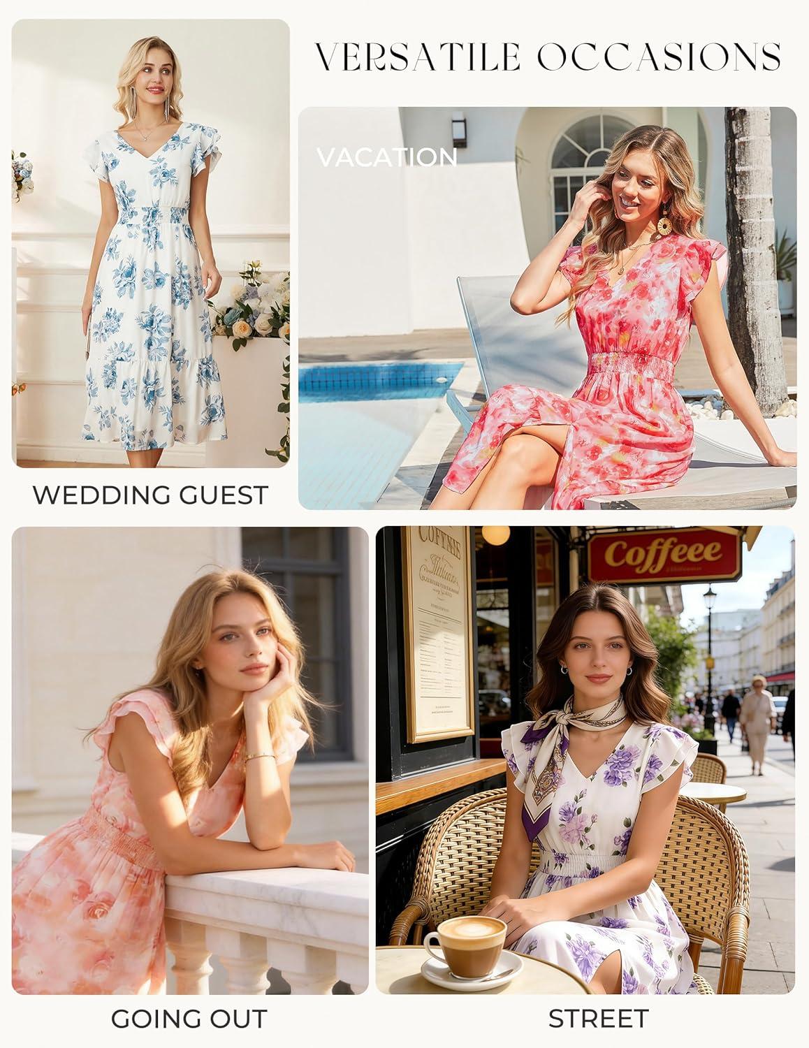 imageGRACE KARIN 2026 Womens Summer Dresses V Neck Ruffle Sleeve Floral Boho Beach Dress ALine Swing Midi Wedding Guest SundressPinkfloral Print