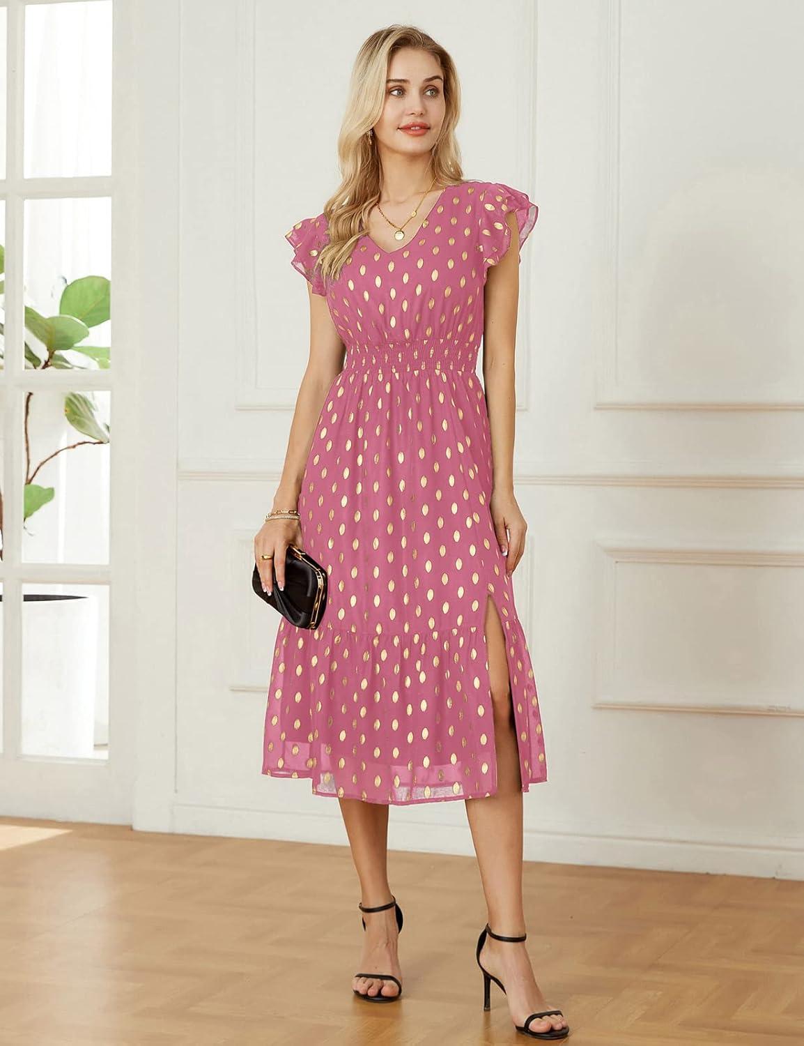 imageGRACE KARIN 2026 Womens Summer Dresses V Neck Ruffle Sleeve Floral Boho Beach Dress ALine Swing Midi Wedding Guest SundressPinkgold Dots
