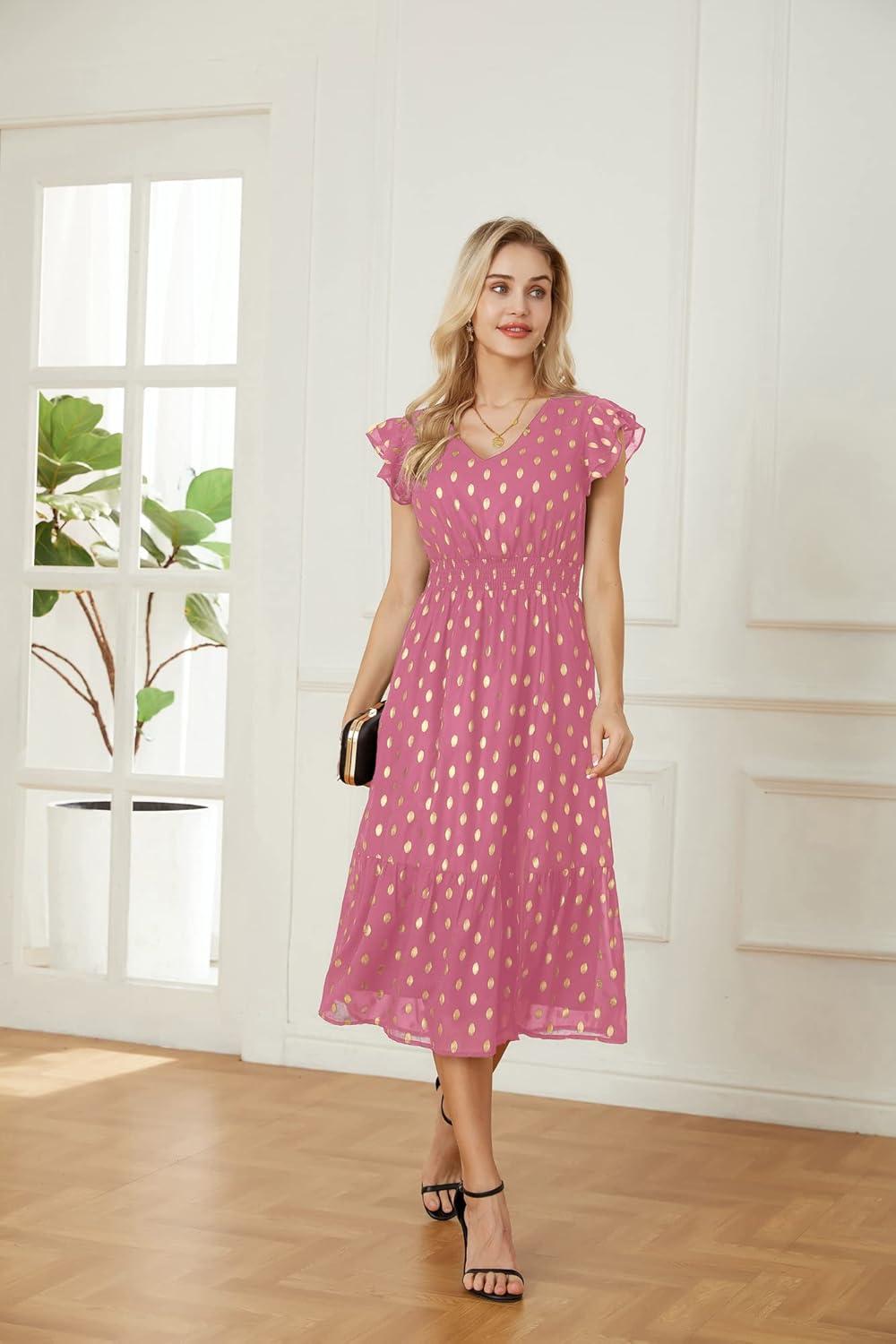 imageGRACE KARIN 2026 Womens Summer Dresses V Neck Ruffle Sleeve Floral Boho Beach Dress ALine Swing Midi Wedding Guest SundressPinkgold Dots