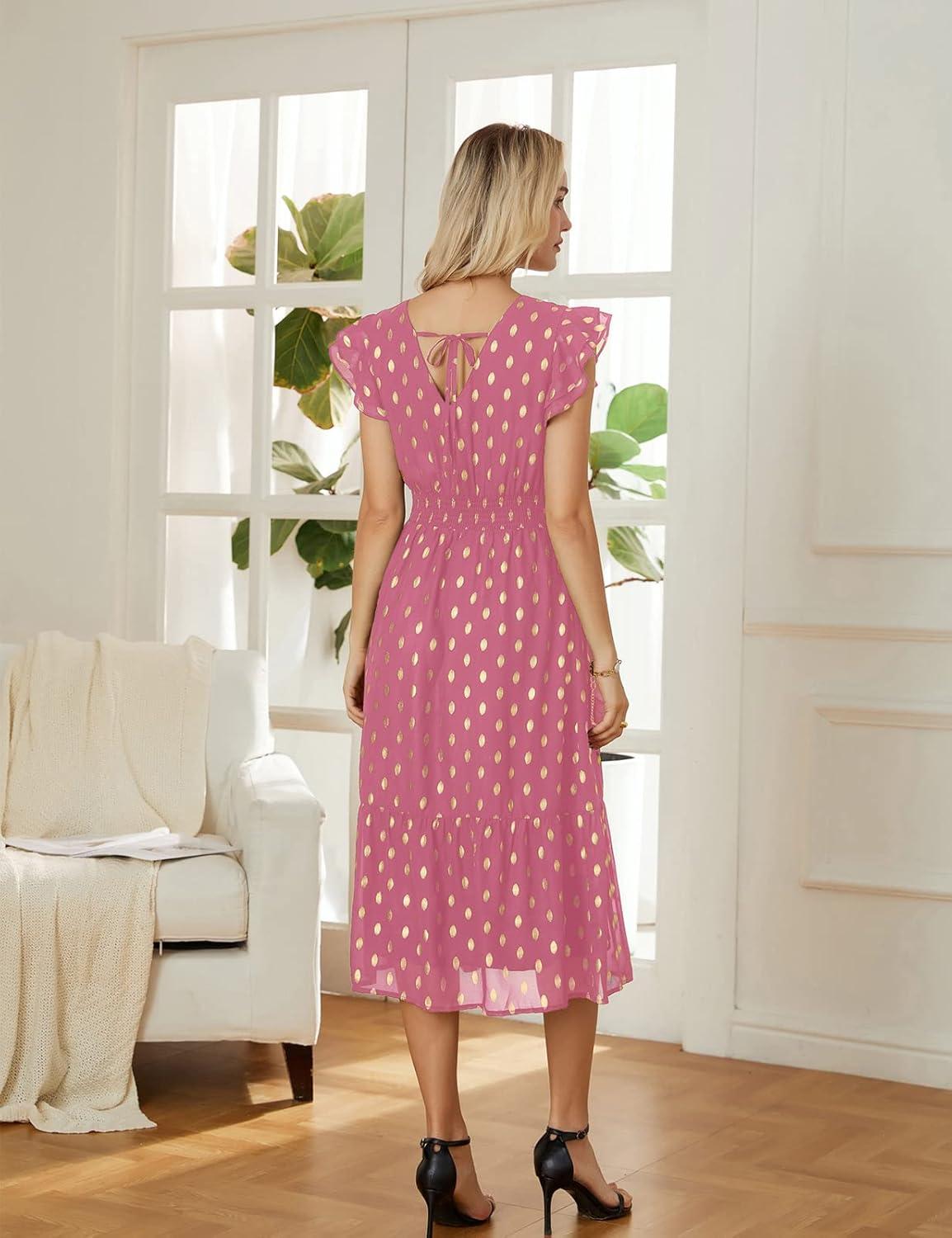 imageGRACE KARIN 2026 Womens Summer Dresses V Neck Ruffle Sleeve Floral Boho Beach Dress ALine Swing Midi Wedding Guest SundressPinkgold Dots