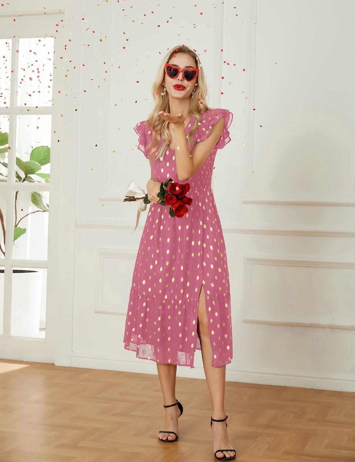 imageGRACE KARIN 2026 Womens Summer Dresses V Neck Ruffle Sleeve Floral Boho Beach Dress ALine Swing Midi Wedding Guest SundressPinkgold Dots