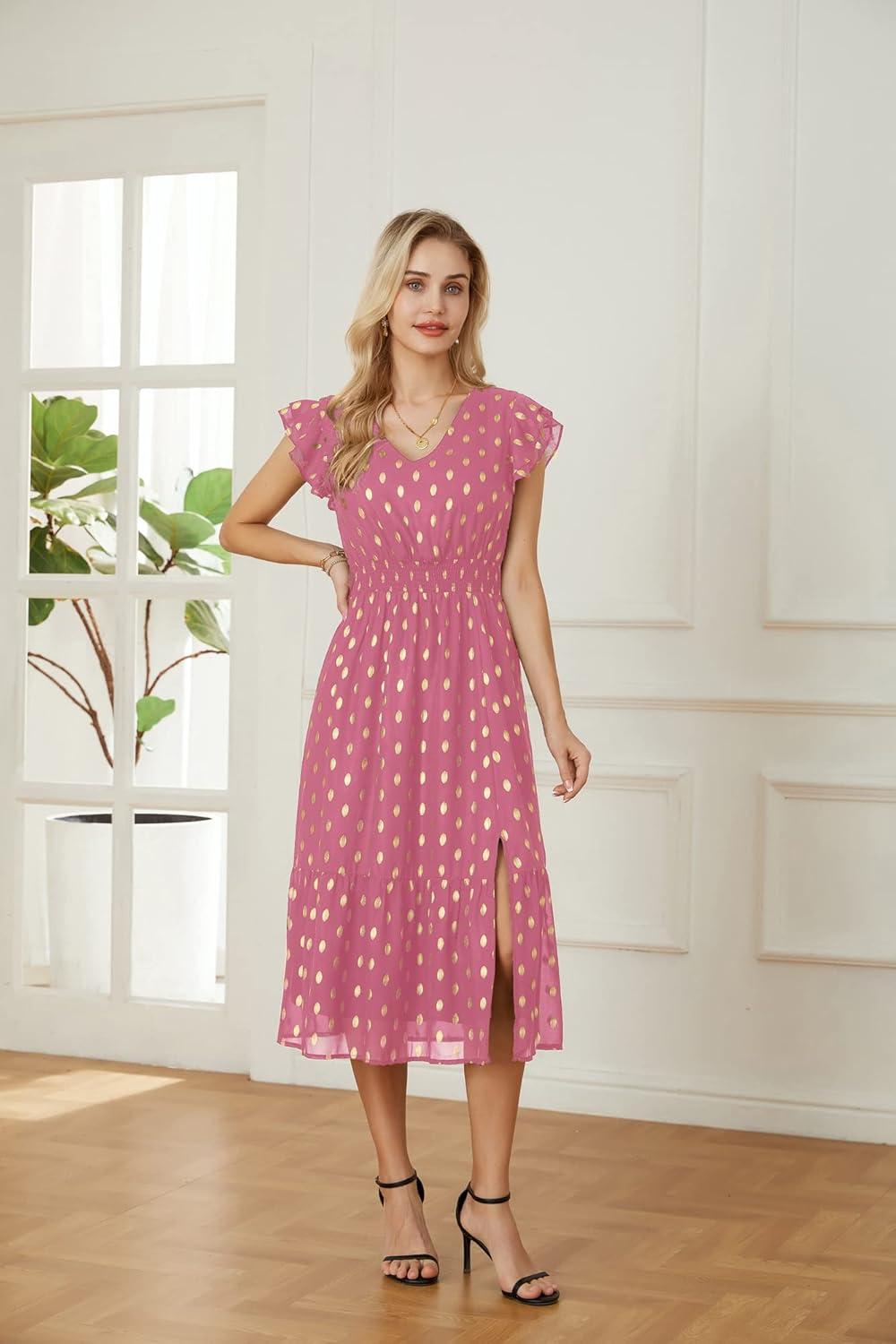 imageGRACE KARIN 2026 Womens Summer Dresses V Neck Ruffle Sleeve Floral Boho Beach Dress ALine Swing Midi Wedding Guest SundressPinkgold Dots