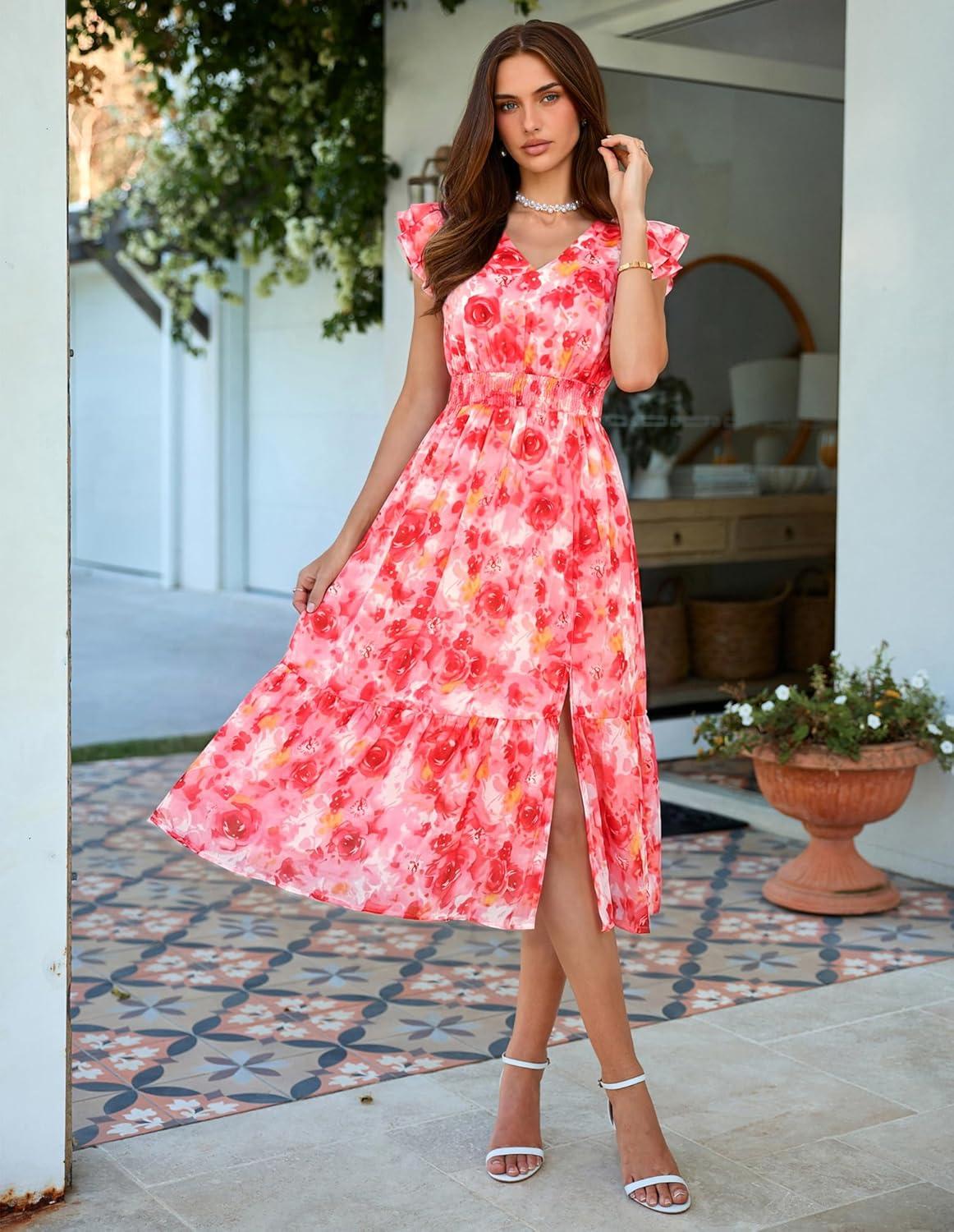 imageGRACE KARIN 2026 Womens Summer Dresses V Neck Ruffle Sleeve Floral Boho Beach Dress ALine Swing Midi Wedding Guest SundressRedfloral Print