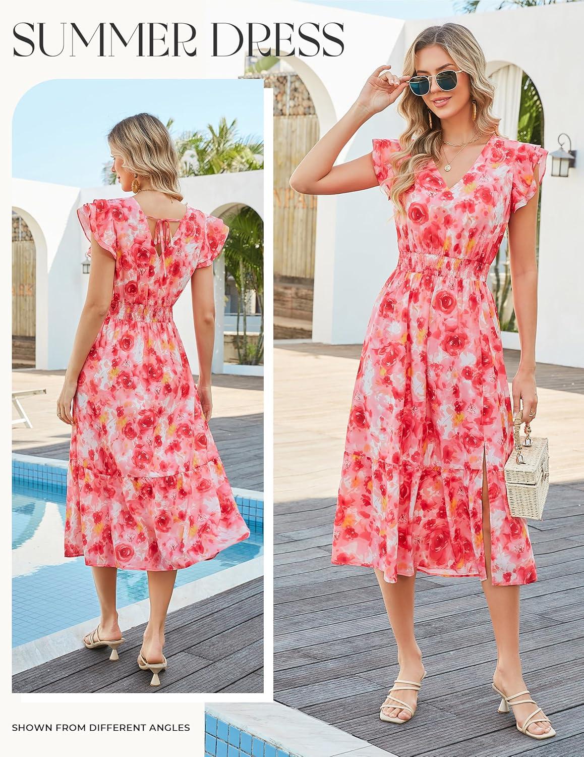 imageGRACE KARIN 2026 Womens Summer Dresses V Neck Ruffle Sleeve Floral Boho Beach Dress ALine Swing Midi Wedding Guest SundressRedfloral Print