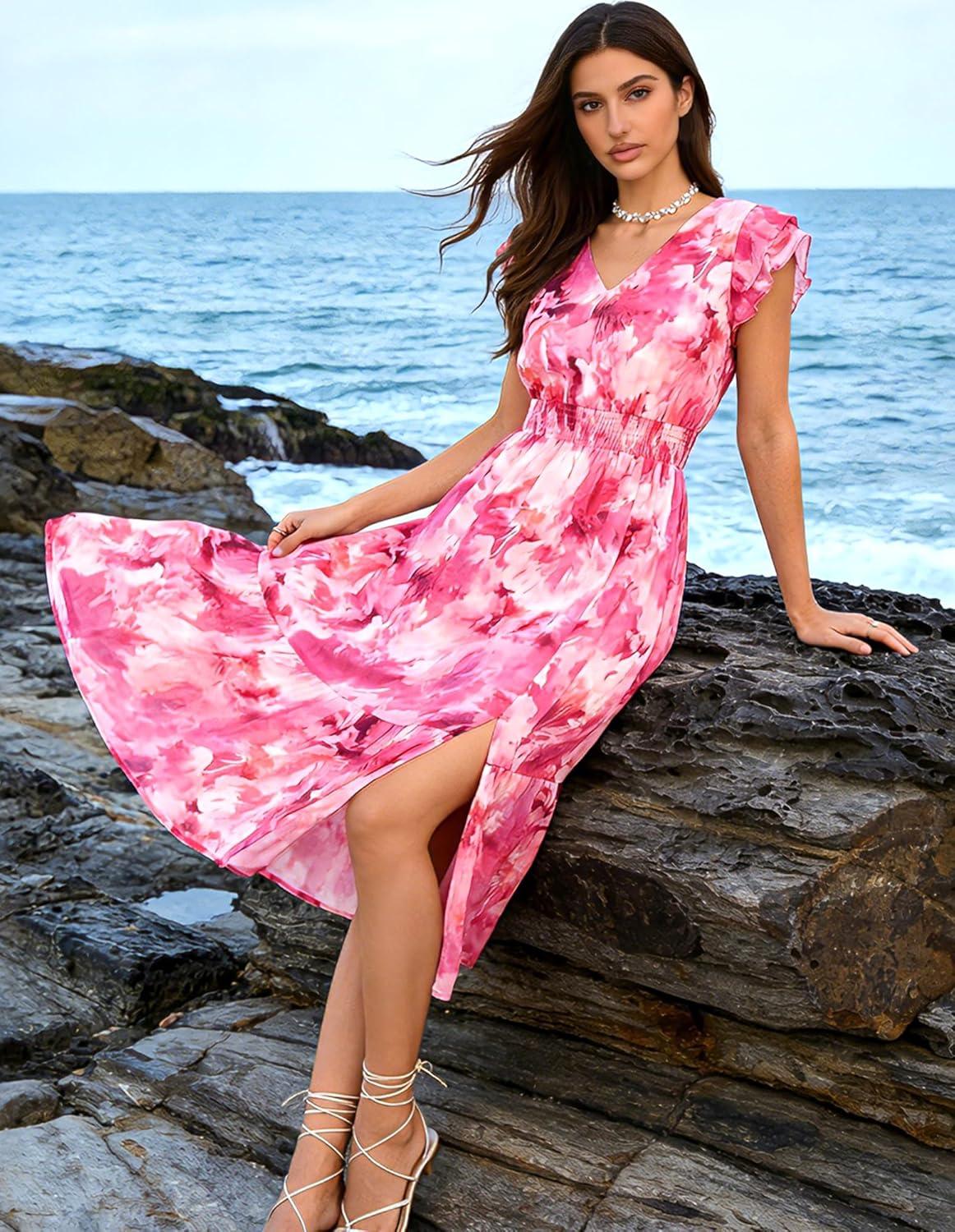 imageGRACE KARIN 2026 Womens Summer Dresses V Neck Ruffle Sleeve Floral Boho Beach Dress ALine Swing Midi Wedding Guest SundressRose Redfloral Print