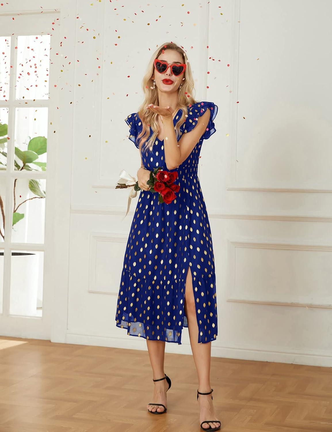 imageGRACE KARIN 2026 Womens Summer Dresses V Neck Ruffle Sleeve Floral Boho Beach Dress ALine Swing Midi Wedding Guest SundressRoyal Bluegold Dots